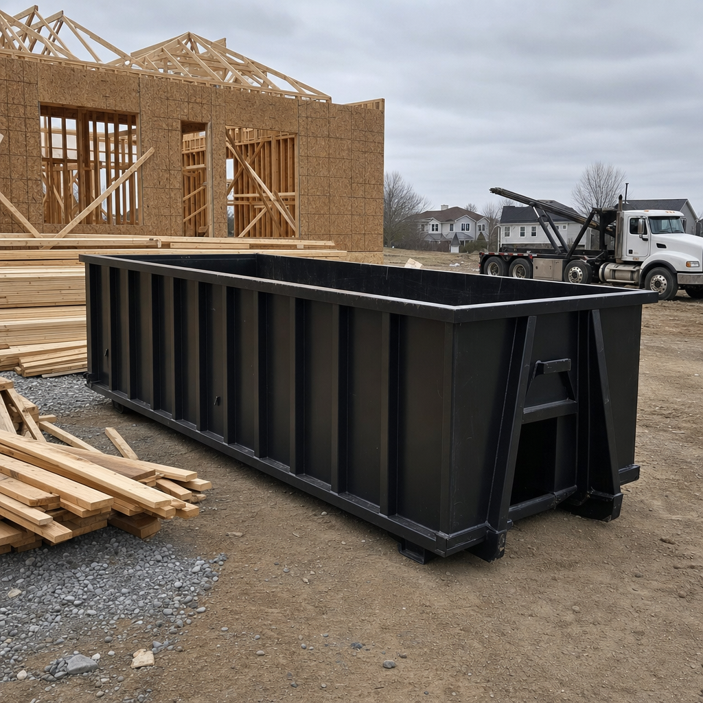 Matte-black 40-yard roll-off dumpster staged on a framed-out residential construction site in Decatur, framing lumber stacked nearby, hooklift delivery truck visible in the background under bright Colorado daylight