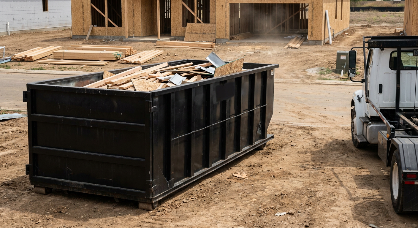 Matte-black 20-yard roll-off construction dumpster with heavy ribbed steel sidewalls and swing rear doors at a working jobsite in Decatur, sitting directly on compacted dirt with an unmarked white hauler partially visible at the far edge of the frame.