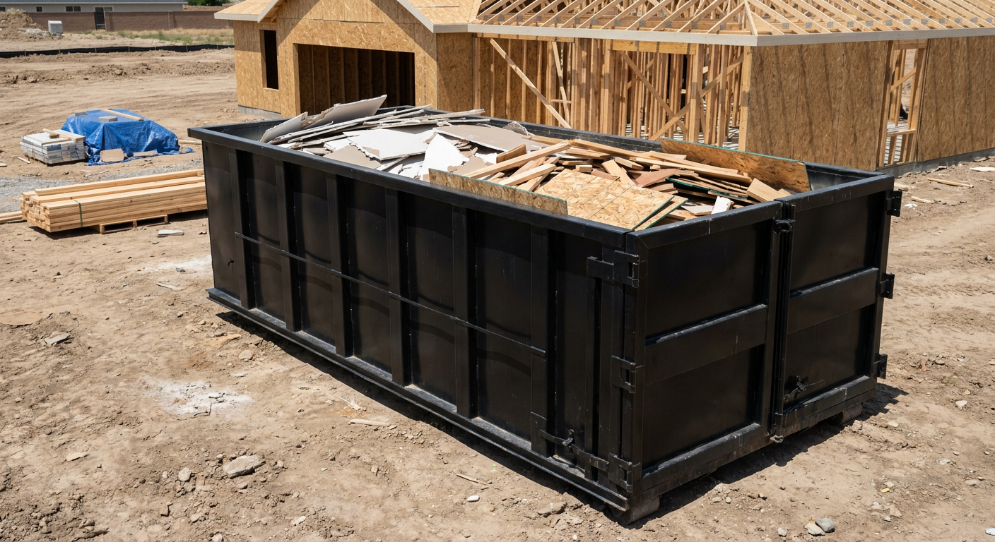 Matte-black 30-yard roll-off construction dumpster sitting directly on the compacted-dirt site of a framed single-family home build in Decatur, drywall and lumber scrap loaded inside.