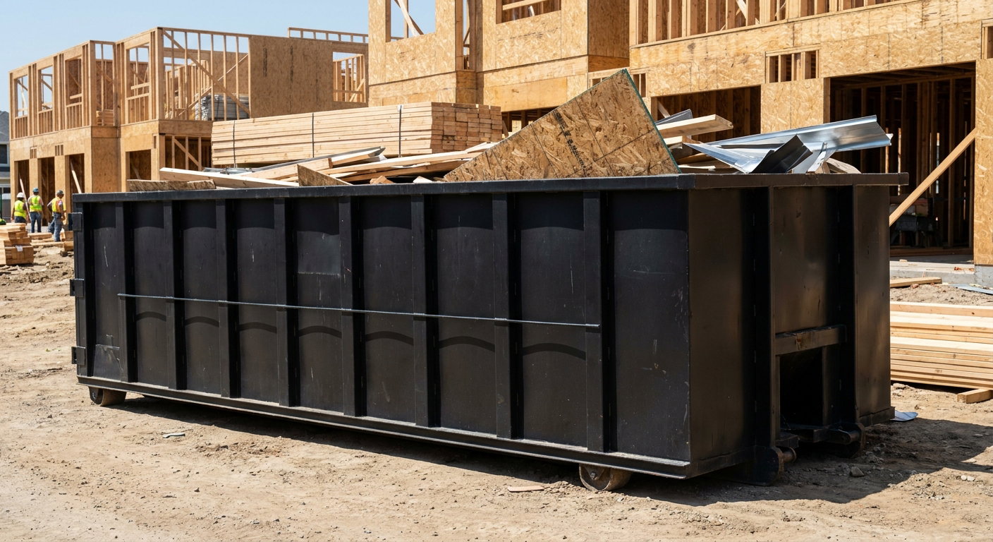 Matte-black 40-yard roll-off construction dumpster being lowered from a white-cab hooklift delivery truck onto the compacted-dirt jobsite at a commercial build site in Decatur