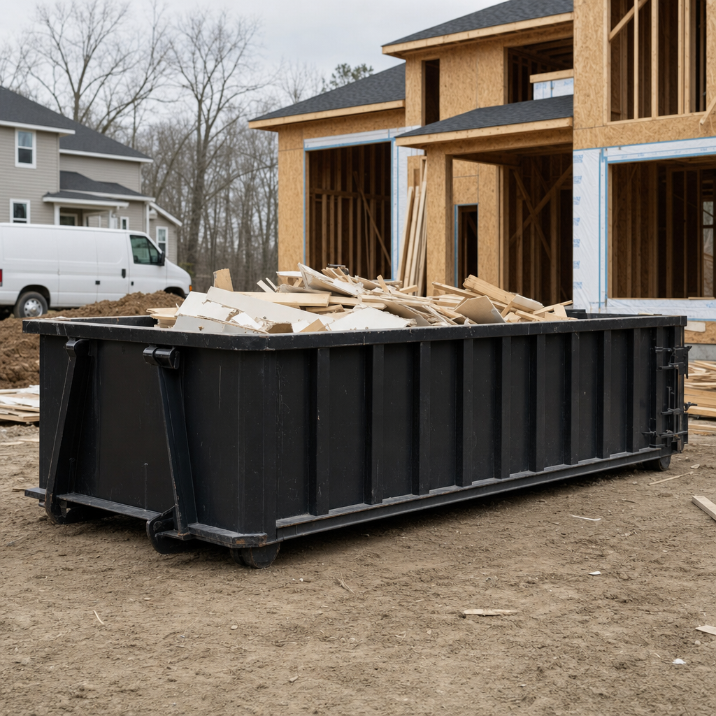 Worker in a yellow high-visibility vest tossing framing lumber and broken drywall into a matte-black 30-yard construction roll-off dumpster on an active build site in Decatur, bright daylight