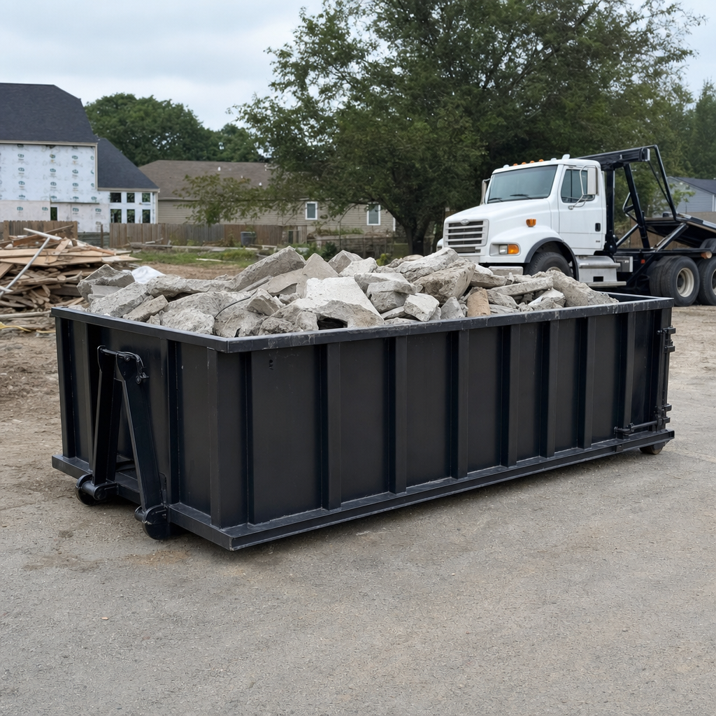 Low-profile matte-black lowboy roll-off dumpster loaded with broken concrete slab and rebar at a foundation tear-out in Decatur, skid steer parked beside it, sunny Colorado morning