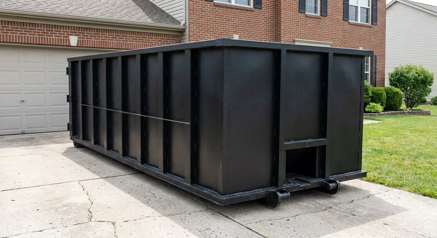 Matte-black 20-yard roll-off container on a Decatur residential concrete driveway with reinforced ribbed steel sidewalls and a hinged rear walk-in door, clean bright daylight.