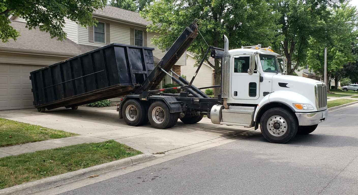 White-cab hooklift roll-off truck actively lowering a matte-black dumpster onto a Decatur residential concrete driveway, the dumpster's rear wheels touching the driveway as the hoist arm tilts the bed forward, mid-morning daylight.
