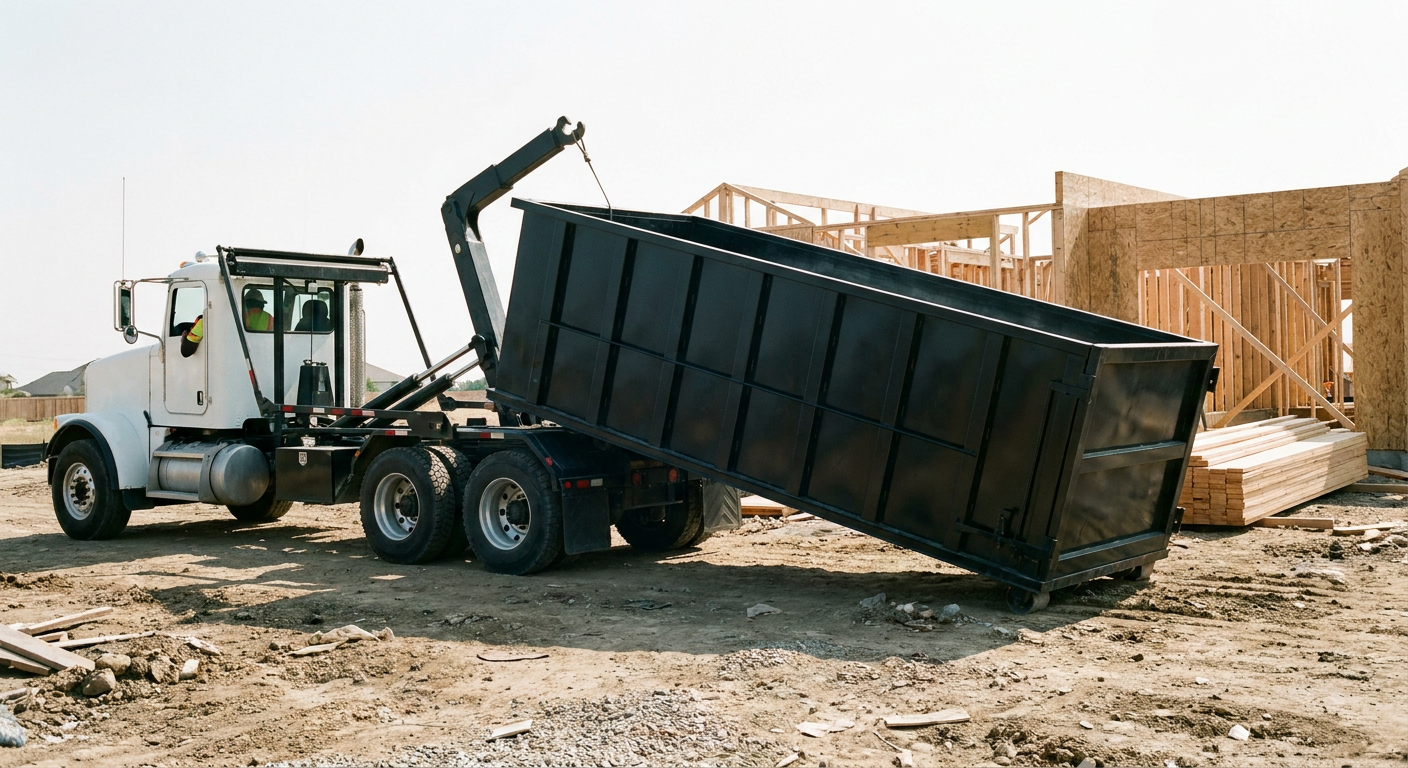 Matte-black roll-off dumpster being delivered onto a clean residential concrete driveway in Decatur by an unmarked white hooklift hauler truck, bright morning daylight, documentary 35mm perspective.