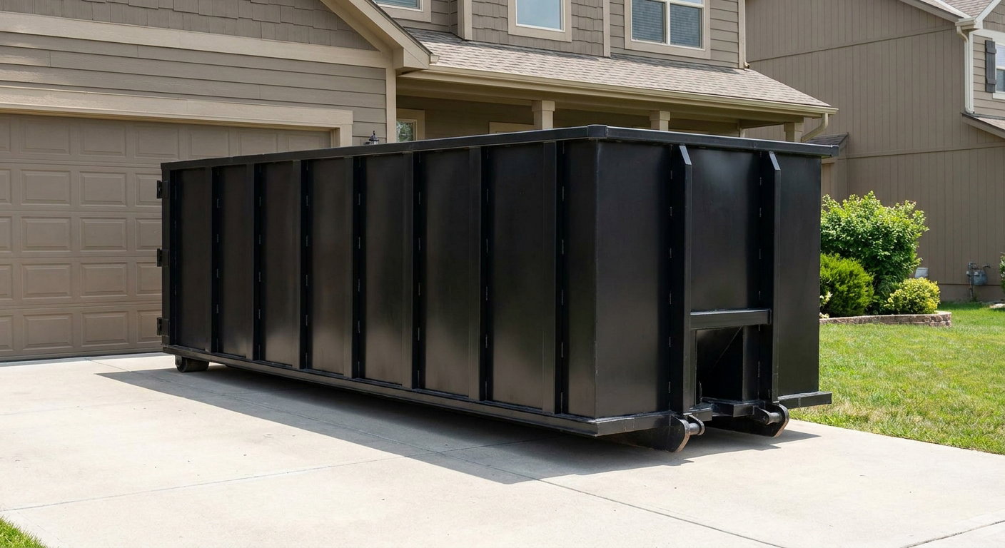 Matte-black residential roll-off dumpster sitting directly on a suburban Decatur concrete driveway, garage door closed, single-family home in background, bright morning daylight.