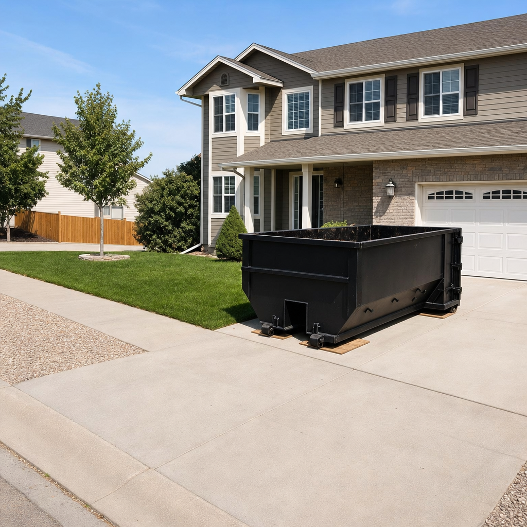10-yard matte-black residential dumpster placed directly on a narrow Decatur concrete driveway, room remains for a parked sedan beside it, mid-morning natural light