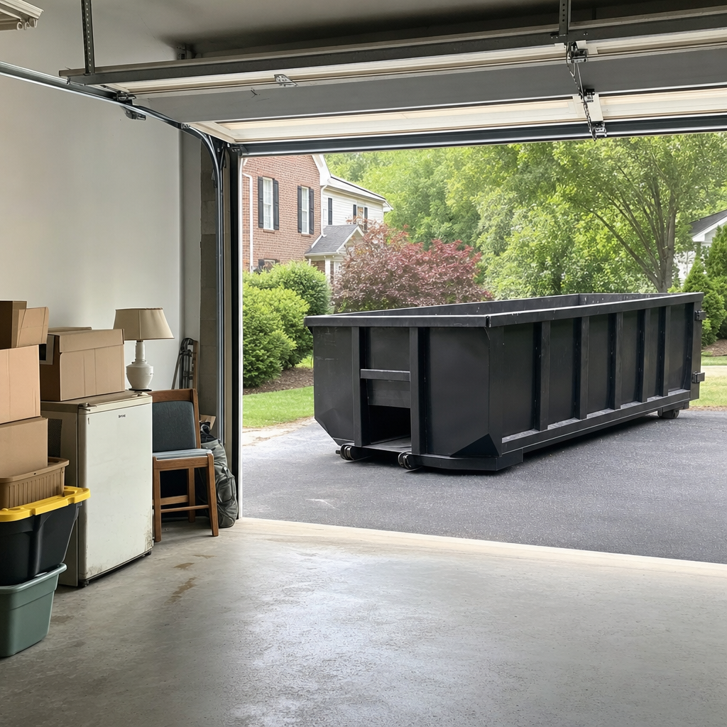Open garage interior in a Decatur home mid-cleanout — boxed items, an old appliance, and stacked yard tools queued near the driveway for a matte-black roll-off dumpster, organized and calm