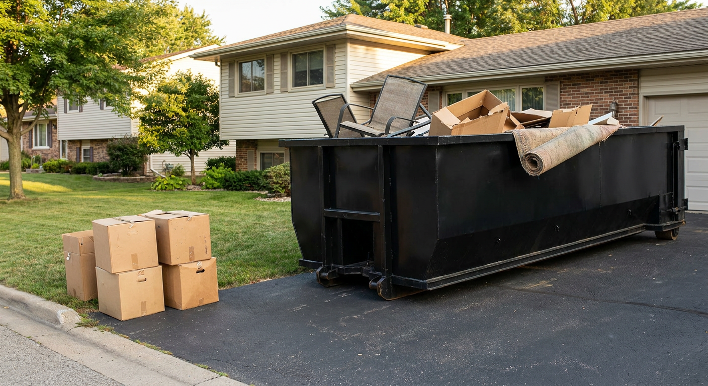 Front-yard view of a Decatur split-level home with a 20-yard matte-black roll-off dumpster sitting directly on the asphalt driveway, a few clearly labeled donation boxes staged at the curb, calm sunny afternoon.