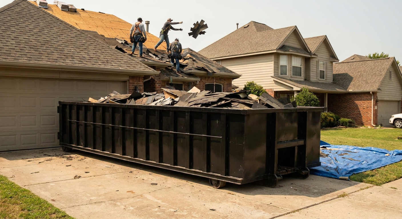Matte-black roofing roll-off dumpster placed directly on a Decatur residential concrete driveway, a tear-off crew on a two-story asphalt-shingle roof tossing shingle bundles into the low-walled container, bright daylight, documentary 35mm perspective.