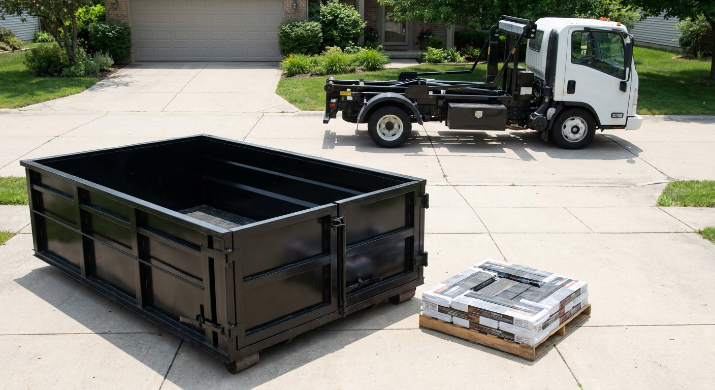 Matte-black 15-yard roofing roll-off dumpster with reinforced low side walls sitting directly on a Decatur residential concrete driveway, three-tab asphalt shingle bundles stacked nearby, an unmarked white hauler truck partially visible at the edge of the frame.