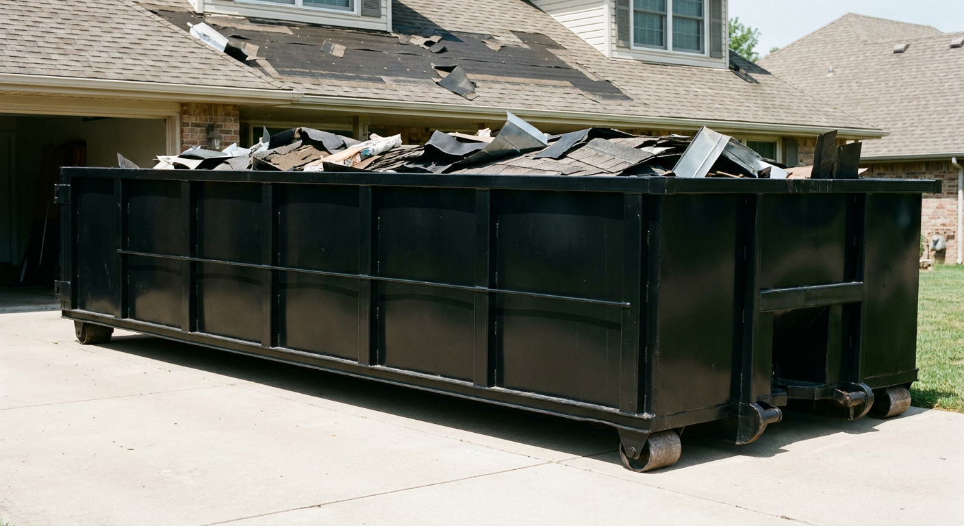 Matte-black 20-yard roofing roll-off dumpster with steel ribbed sides and swinging rear door, sitting directly on the concrete driveway of a two-story Decatur home, asphalt shingle debris being loaded over the low wall, clean documentary lighting.