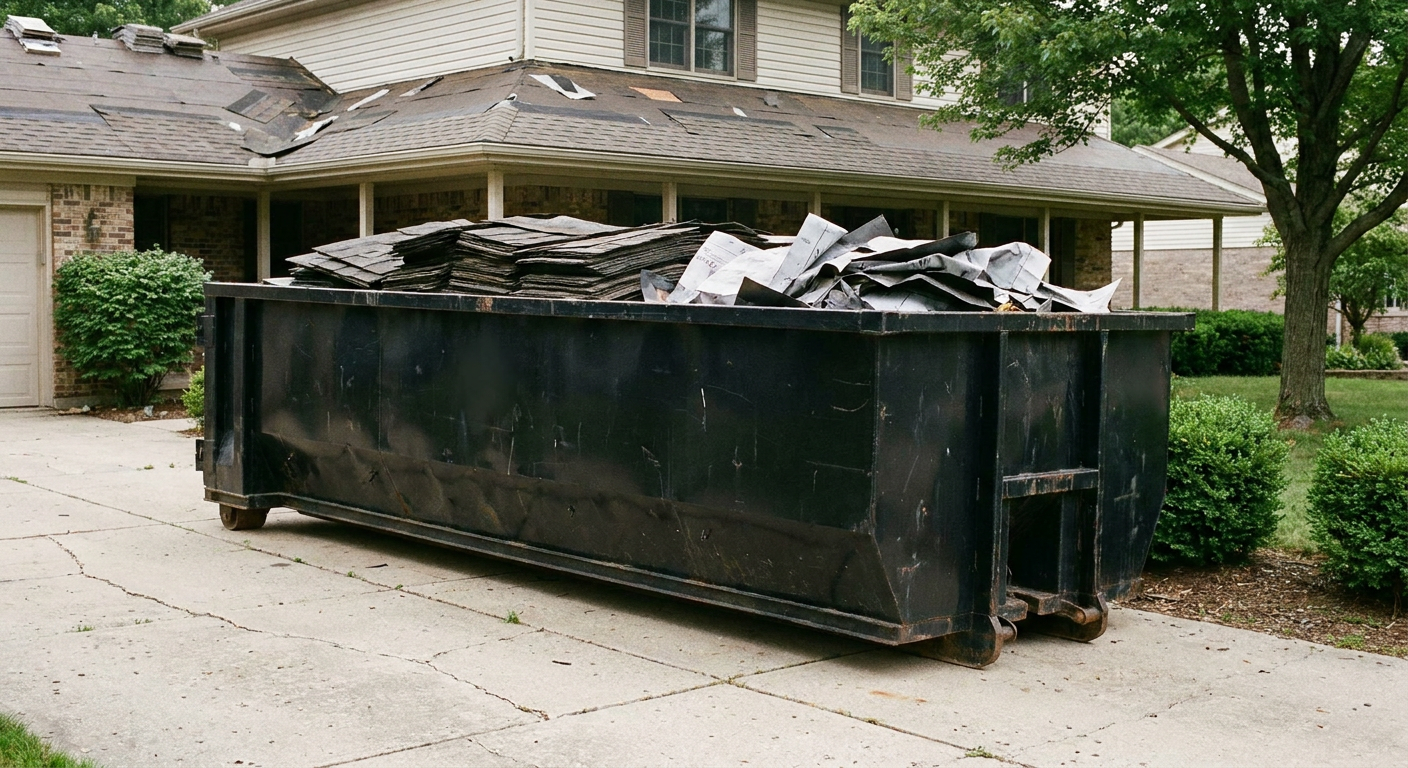 Matte-black 30-yard roofing roll-off dumpster sitting directly on a Decatur concrete driveway, taller ribbed steel side panels, mixed tear-off debris of asphalt shingles and underlayment inside, professional documentary daylight.