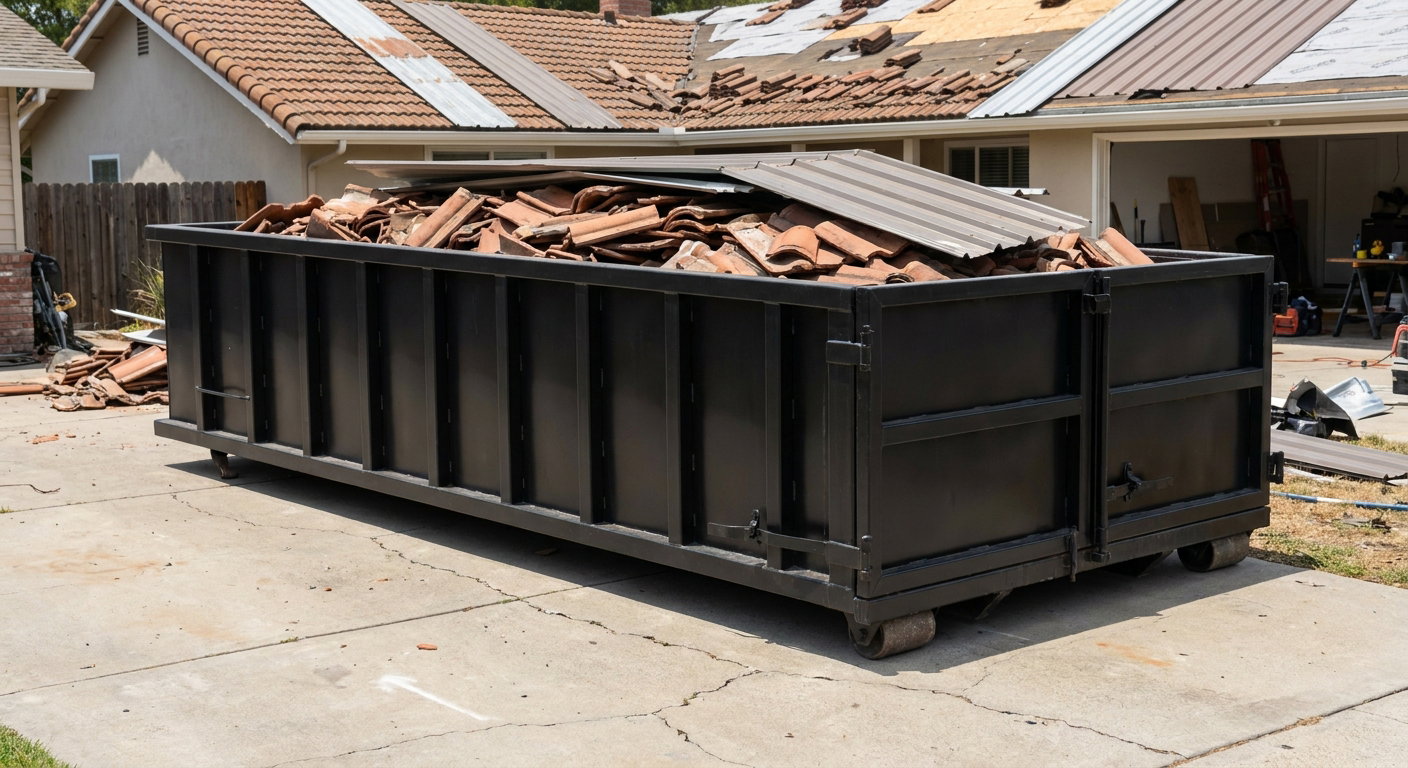 Matte-black low-wall heavy-debris roofing roll-off dumpster sitting directly on a Decatur concrete driveway, broken concrete clay roof tiles and metal panel sections loaded inside, reinforced ribbed steel side walls visible, bright outdoor daylight.