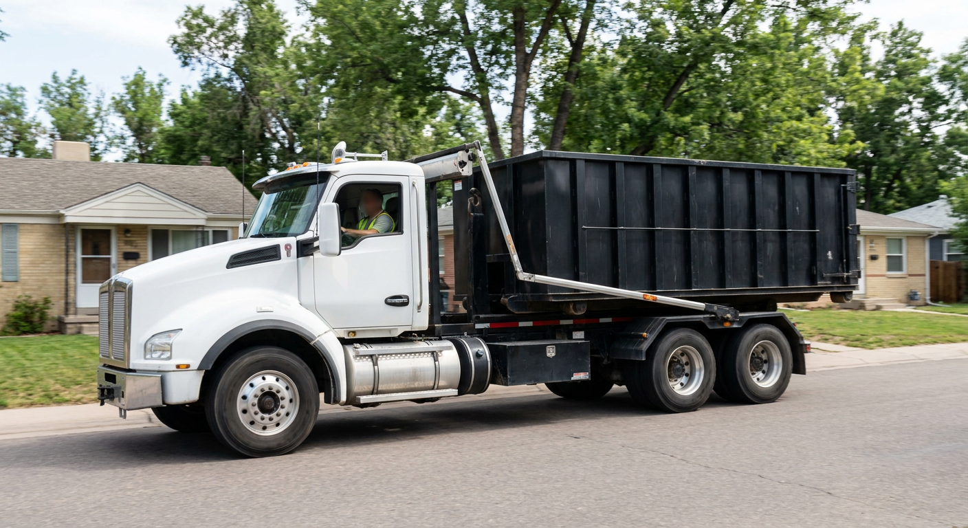 A wide documentary shot of a matte-black roll-off delivery truck pulling onto a quiet Decatur residential street at mid-morning, with neighborhood rooftops and tree-lined blocks visible behind, showing the metro coverage footprint.
