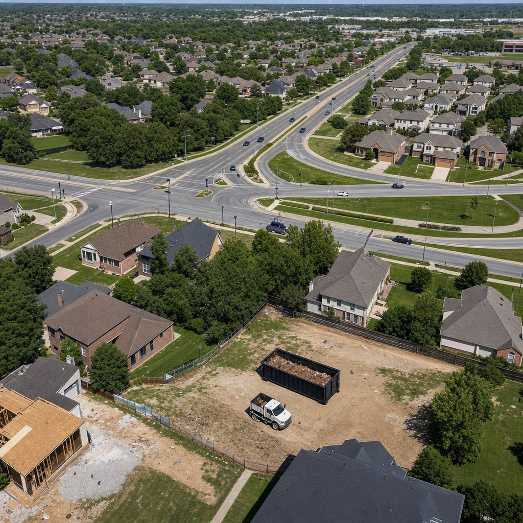 An overhead documentary view of the Decatur metro area at midday, showing the spread of neighborhoods, arterial roads, and the dispatch radius from a central yard — clean daylight, organized geographic layout.