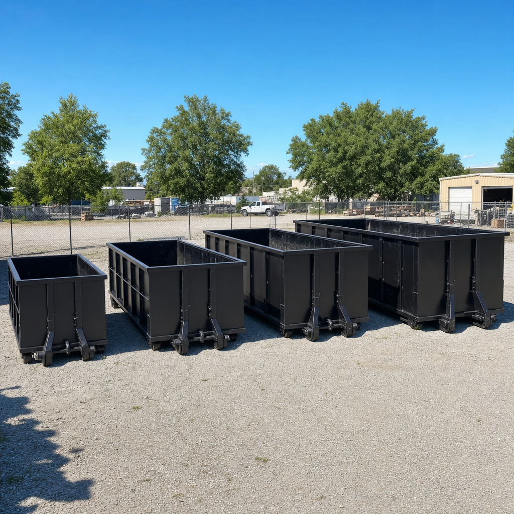 A clean lineup of matte-black roll-off dumpsters in 10, 20, 30, and 40-yard sizes staged on a sunlit gravel yard in Decatur, showing the size progression from compact to commercial-scale containers.