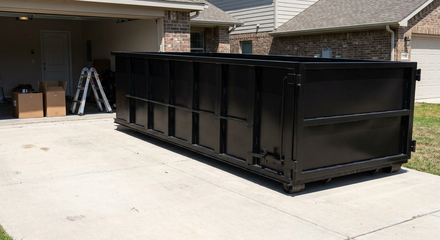 A matte-black 10-yard roll-off dumpster sitting directly on a residential Decatur concrete driveway, mid-day sunlight, clean and ready for a garage cleanout.