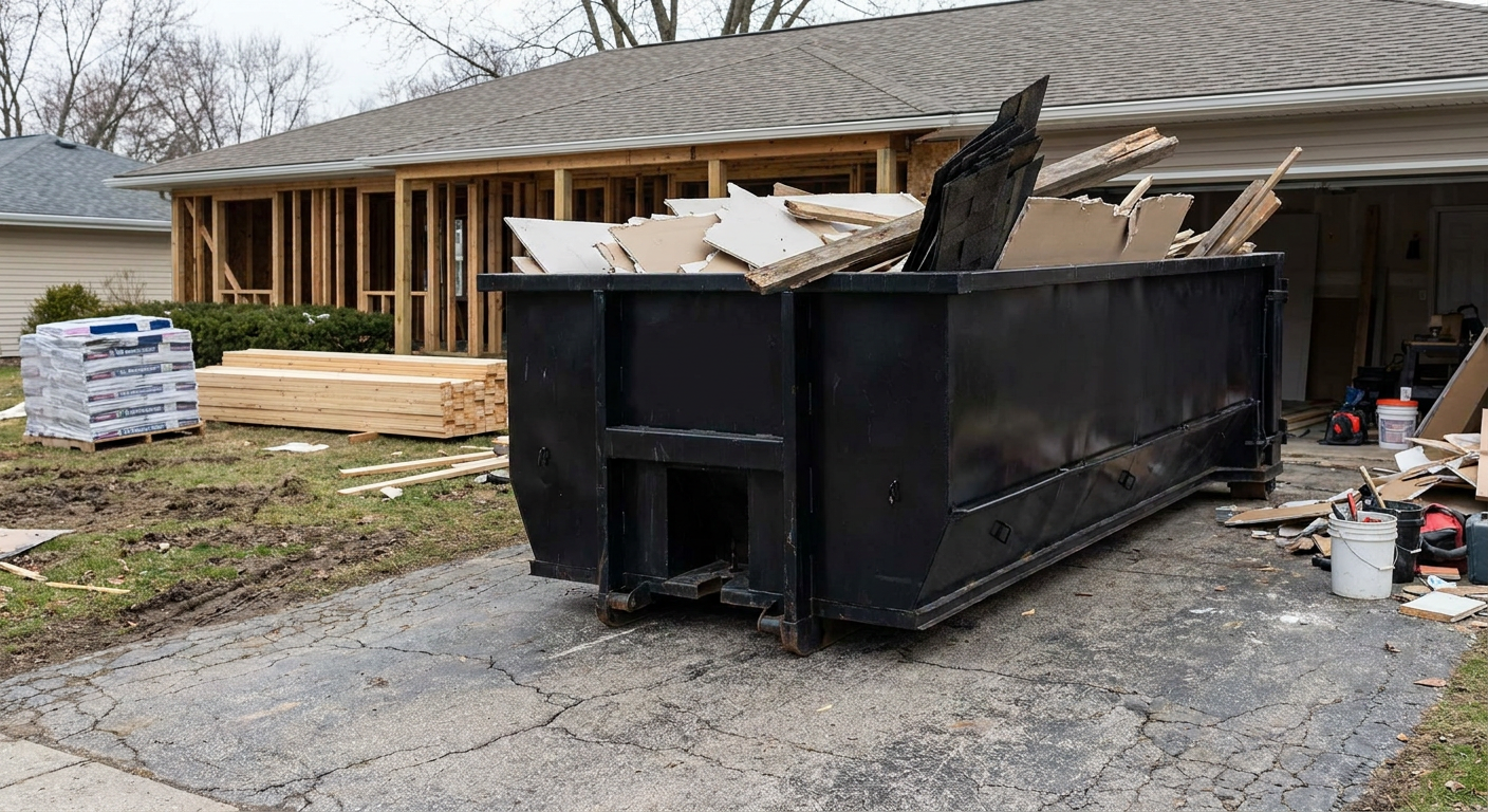 A matte-black 20-yard roll-off dumpster placed alongside a mid-renovation Decatur home directly on the asphalt driveway, with framing materials and torn-off shingles staged neatly nearby.