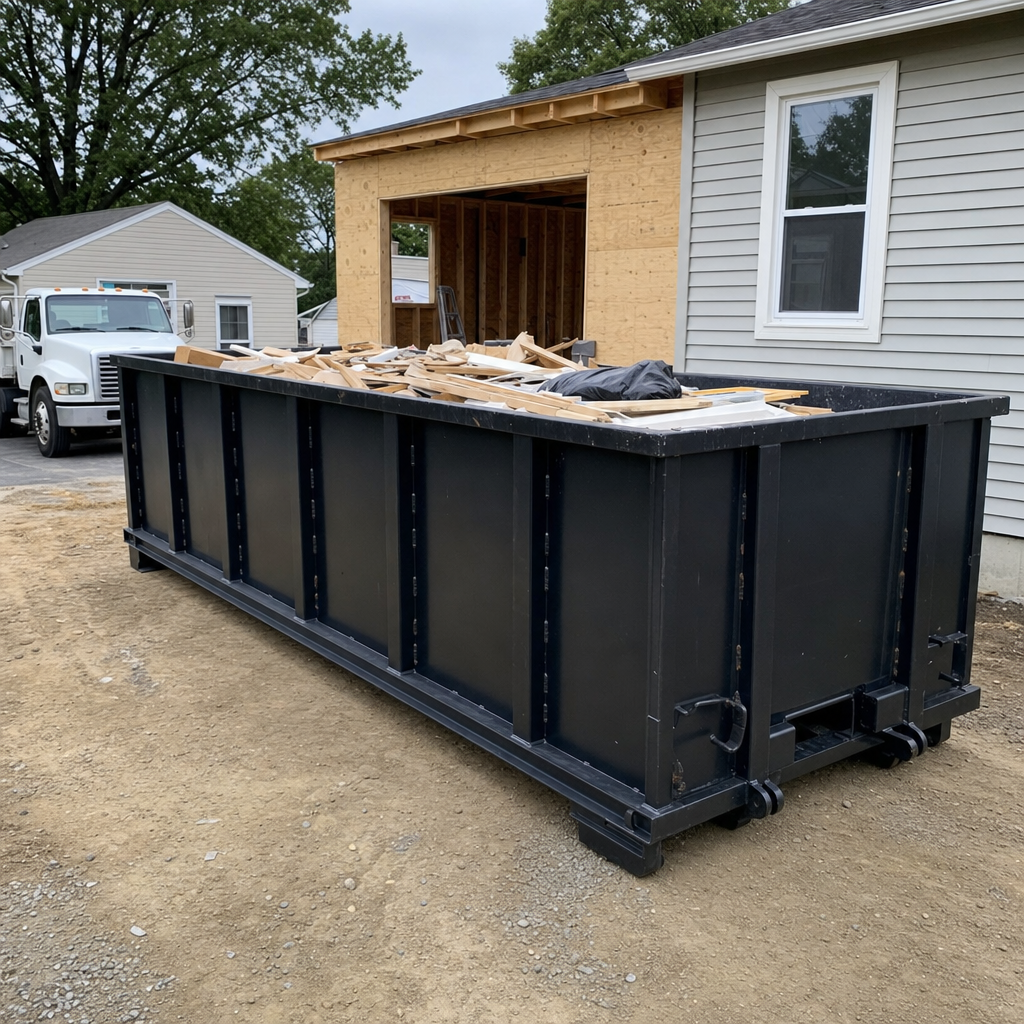 A matte-black 30-yard roll-off dumpster positioned at a Decatur residential addition jobsite, with framing lumber and drywall scraps loaded through the open swinging rear doors.