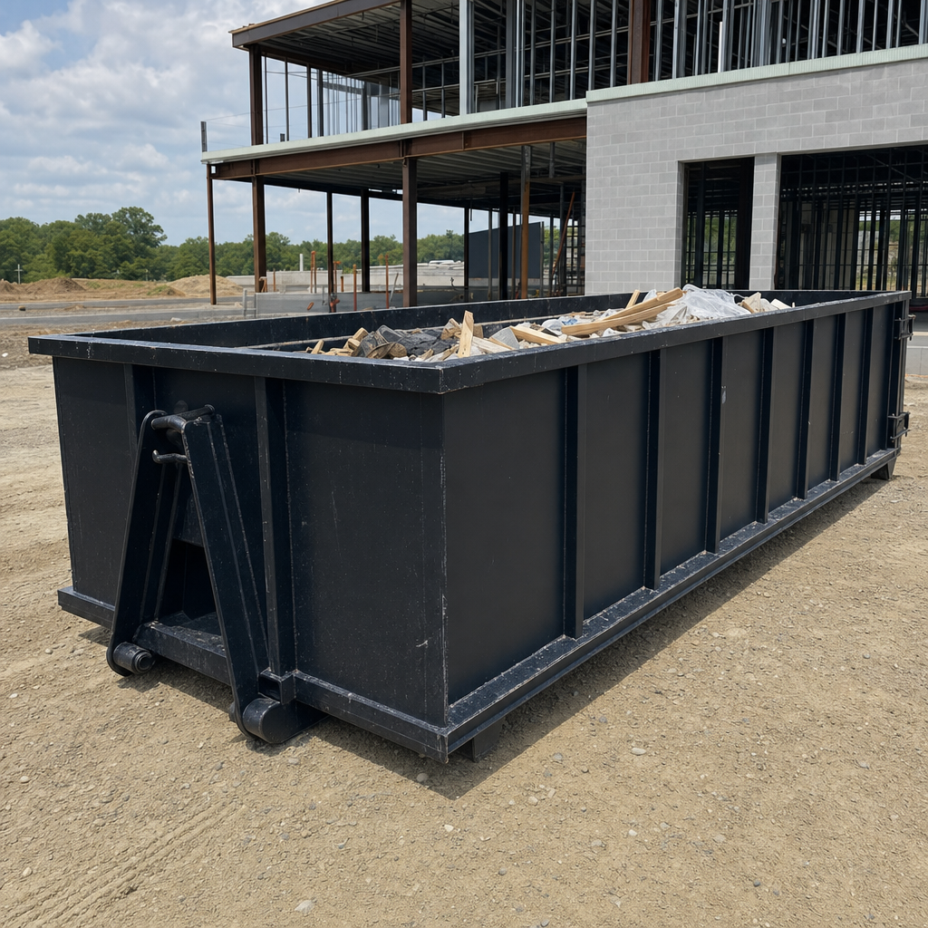 A matte-black 40-yard roll-off dumpster staged on a large Decatur commercial construction lot, with a hooklift delivery truck parked alongside under bright midday sky.