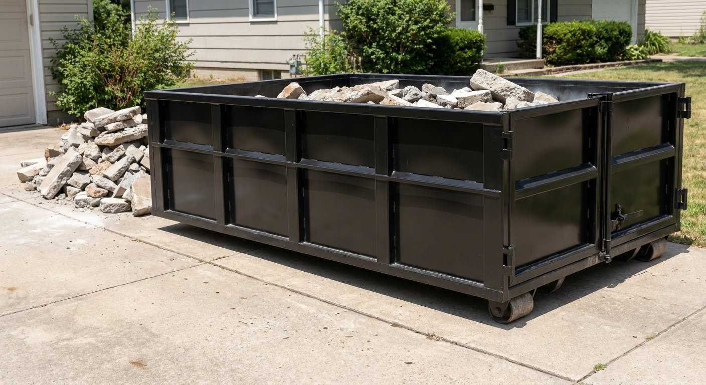A matte-black low-side heavy-debris roll-off dumpster placed directly on a Decatur concrete driveway, with broken concrete chunks neatly stacked beside it under clean daylight.